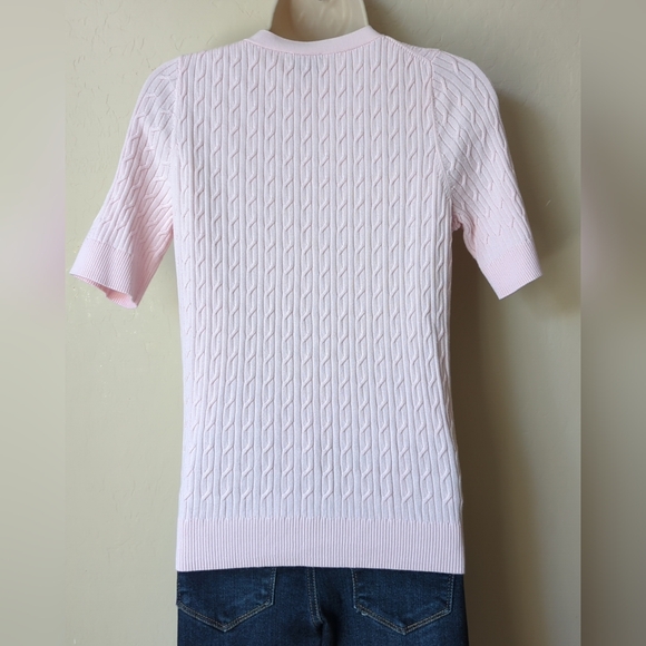 Talbot's MP Pastel Pink Sweater Cable Knit Button Up Short Sleeve - Picture 2 of 7